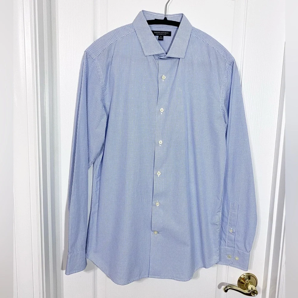 Banana Republic 120s Supima Cotton Gingham Dress Shirt Light Blue Men’s Medium